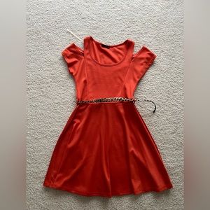 Burnt orange cut out sleeve a-line belted dress